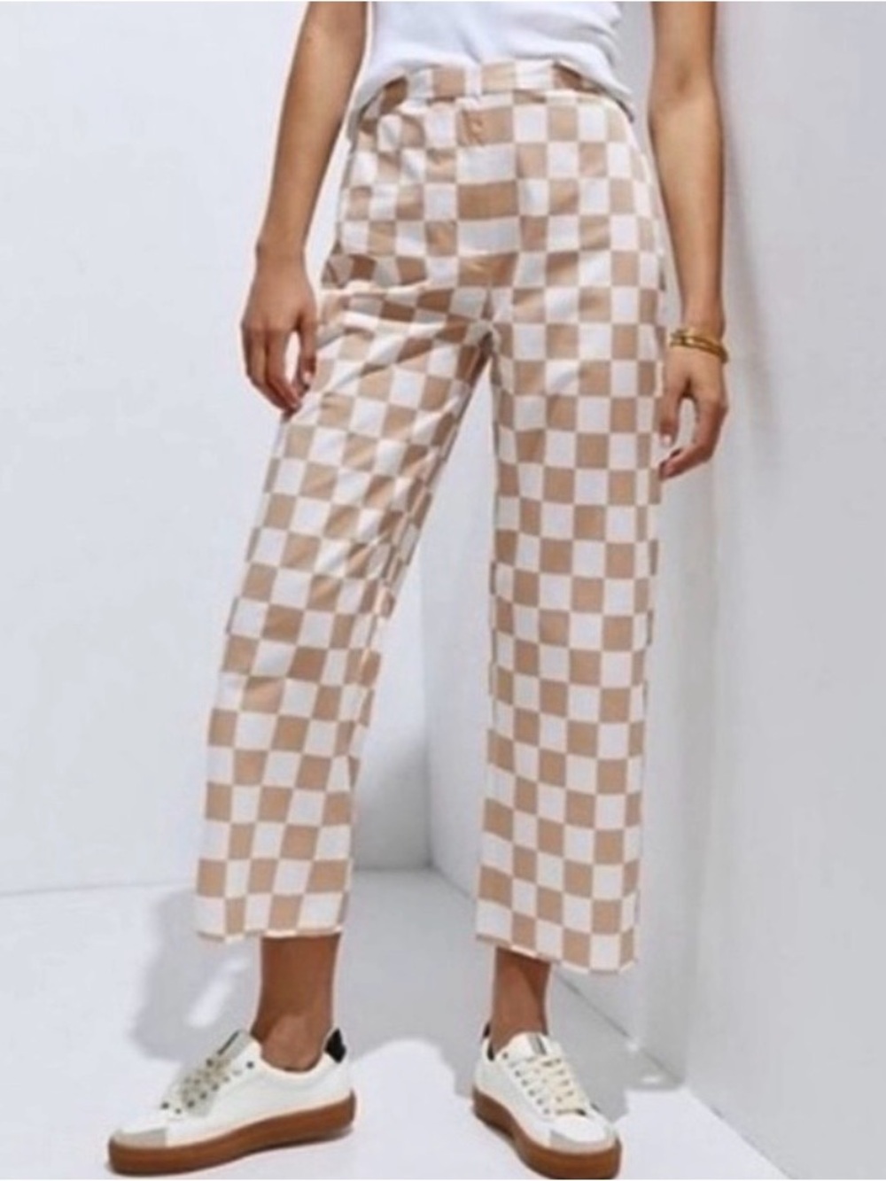 Hutch Anthropologie Checkerboard Pants Beige & White Spring Summer Weight NWT - Picture 2 of 8